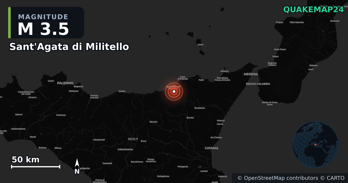 M3.5 earthquake near Sant'Agata di Militello on Jan 19, 2026 — map of epicenter and shaking intensity | QuakeMap24