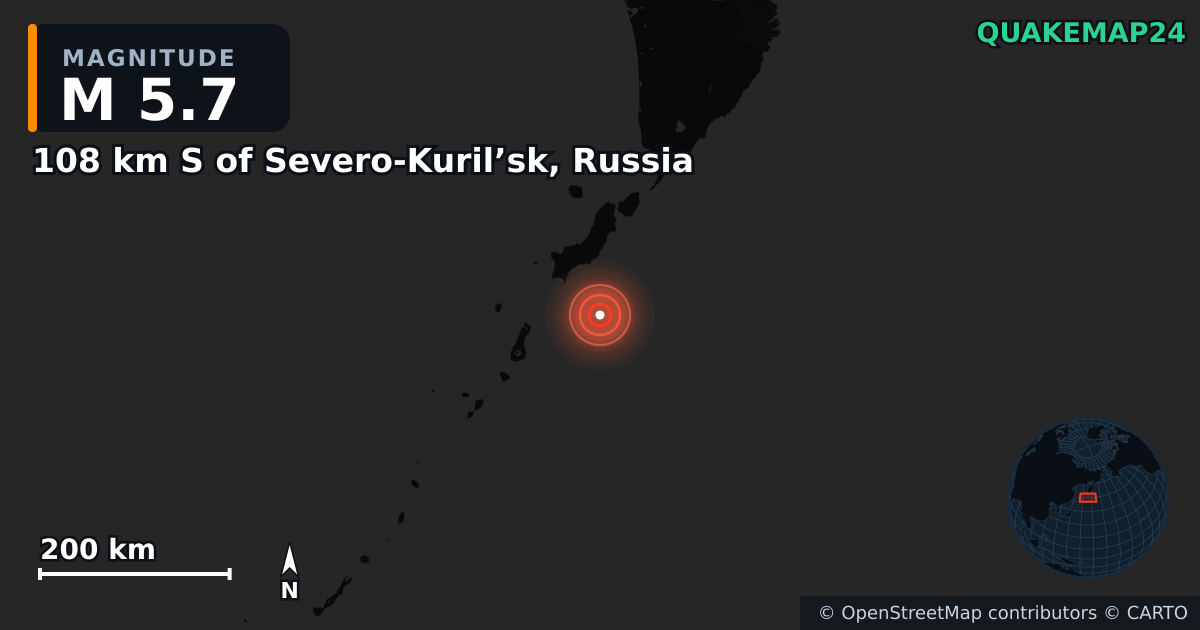 M5.7 earthquake near 108 km S of Severo-Kuril’sk, Russia on Nov 4, 2025 — map of epicenter and shaking intensity | QuakeMap24