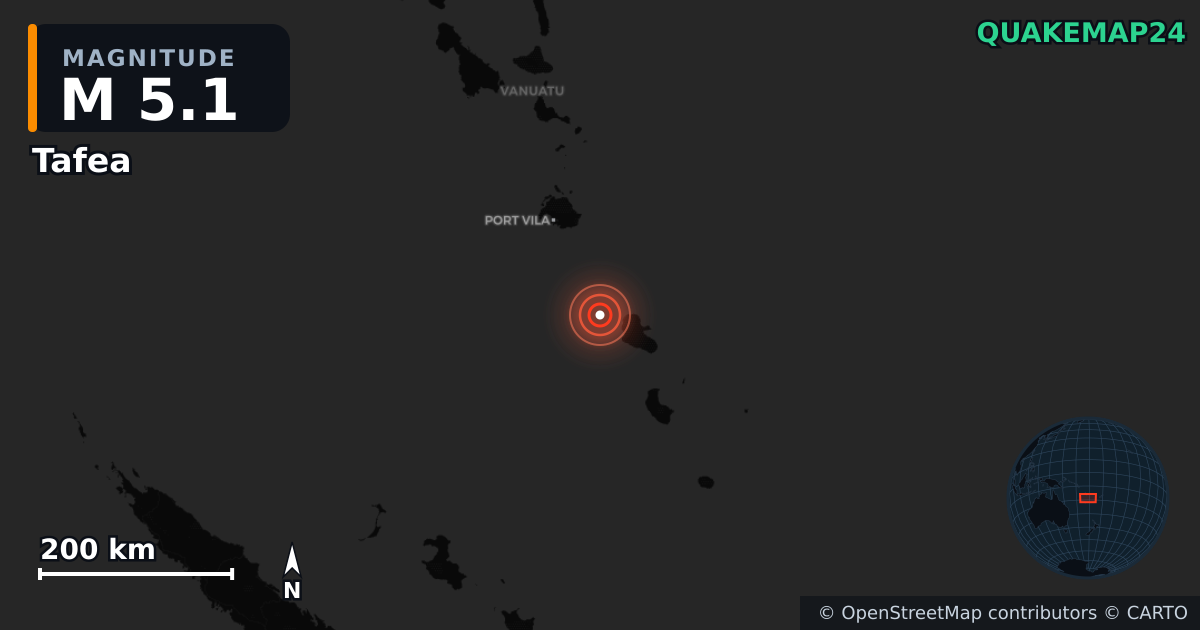 M5.1 earthquake near Tafea on Jan 1, 2026 — map of epicenter and shaking intensity | QuakeMap24