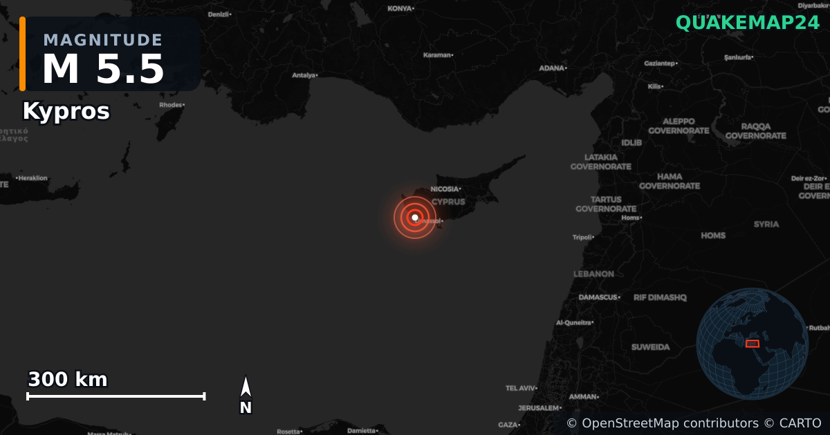 M5.5 earthquake near Kypros on Nov 12, 2025 — map of epicenter and shaking intensity | QuakeMap24