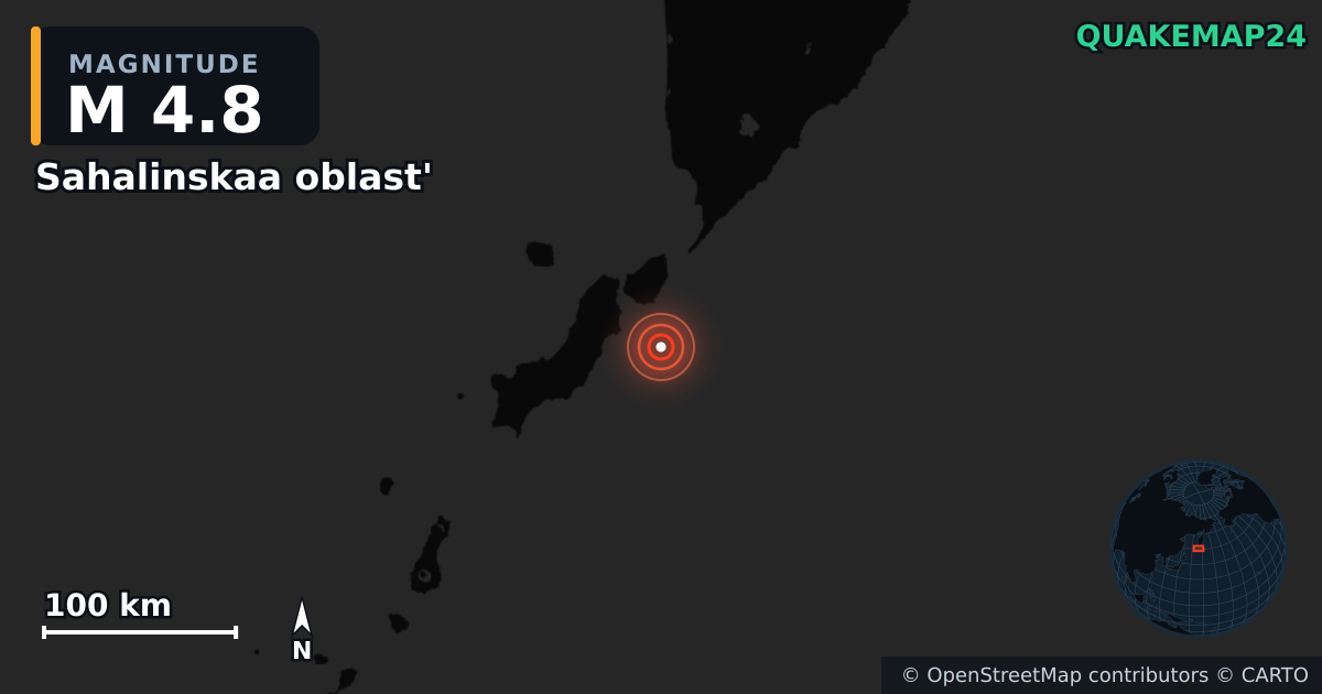 M4.8 earthquake near Sahalinskaa oblast' on Jul 31, 2025 — map of epicenter and shaking intensity | QuakeMap24