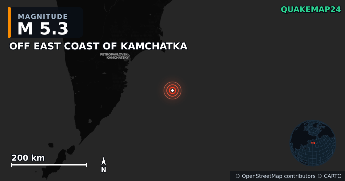 M5.3 earthquake near OFF EAST COAST OF KAMCHATKA on Nov 7, 2025 — map of epicenter and shaking intensity | QuakeMap24
