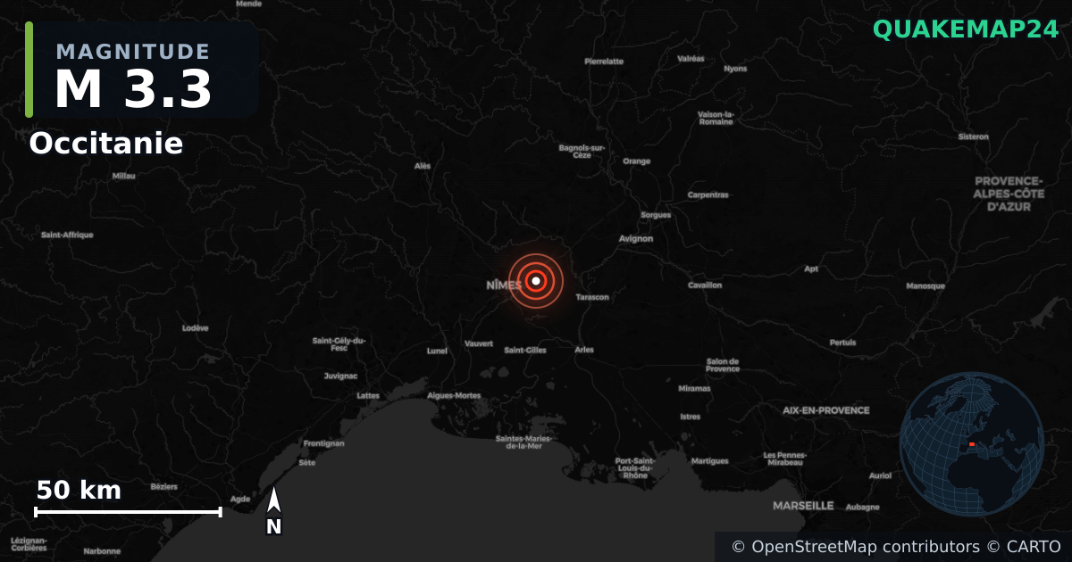 M3.3 earthquake near Occitanie on Dec 13, 2025 — map of epicenter and shaking intensity | QuakeMap24