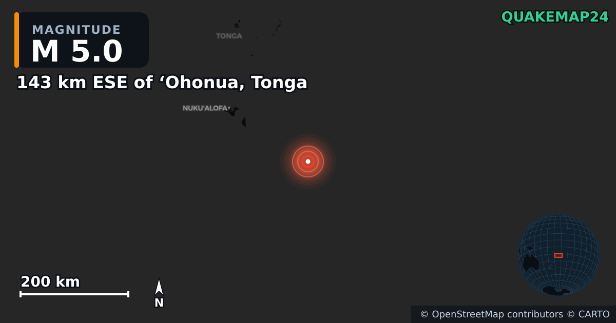 M5.0 earthquake near 143 km ESE of ‘Ohonua, Tonga on Apr 5, 2025 — map of epicenter and shaking intensity | QuakeMap24