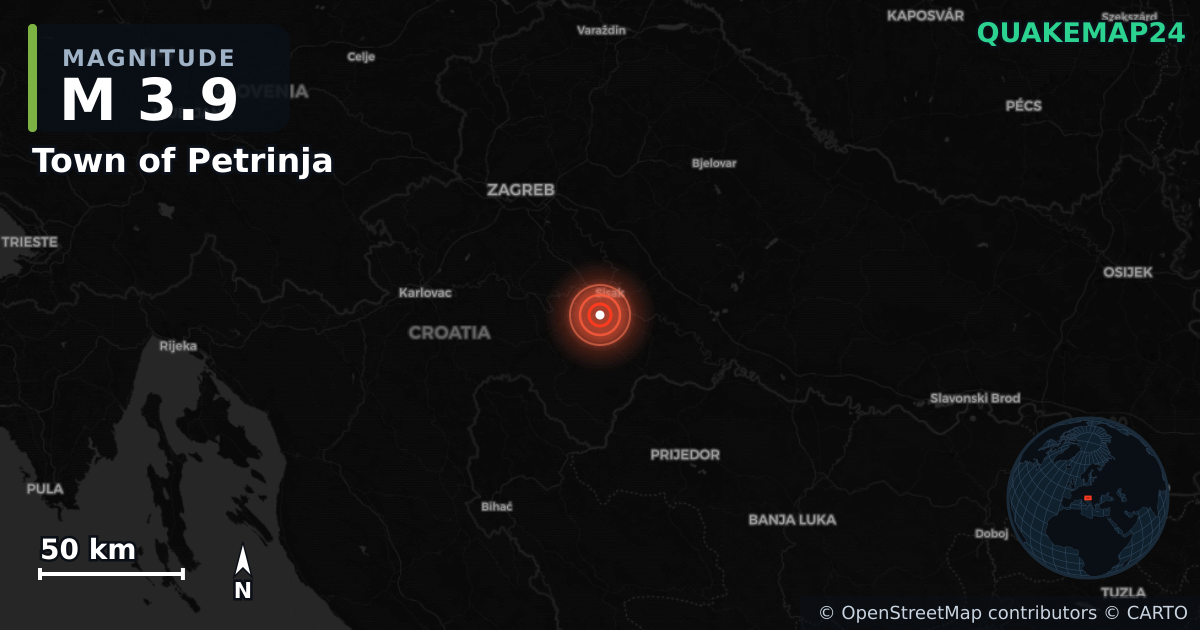 M3.9 earthquake near Town of Petrinja on May 27, 2026 — map of epicenter and shaking intensity | QuakeMap24