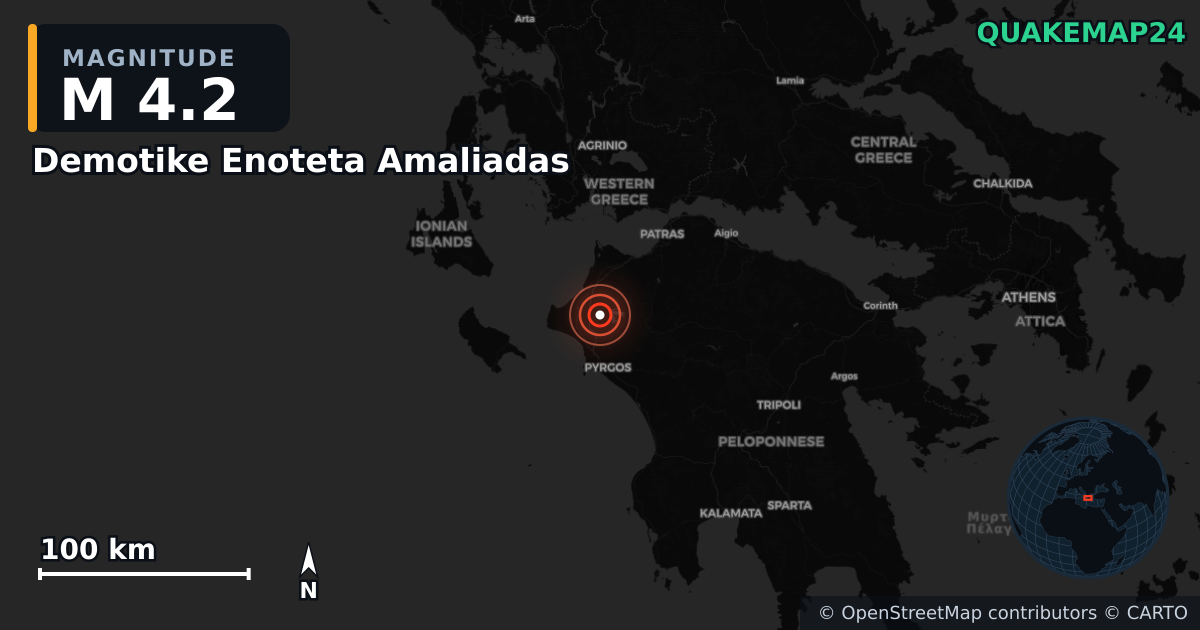 M4.2 earthquake near Demotike Enoteta Amaliadas on May 25, 2026 — map of epicenter and shaking intensity | QuakeMap24
