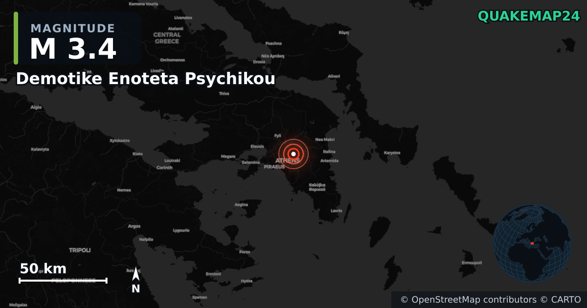 M3.4 earthquake near Demotike Enoteta Psychikou on Nov 23, 2025 — map of epicenter and shaking intensity | QuakeMap24