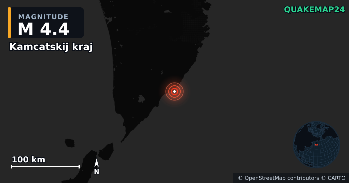 M4.4 earthquake near Kamcatskij kraj on Aug 8, 2025 — map of epicenter and shaking intensity | QuakeMap24
