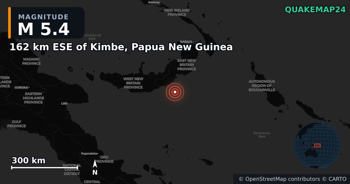 M5.4 earthquake near 162 km ESE of Kimbe, Papua New Guinea on Apr 10, 2025 — map of epicenter and shaking intensity | QuakeMap24