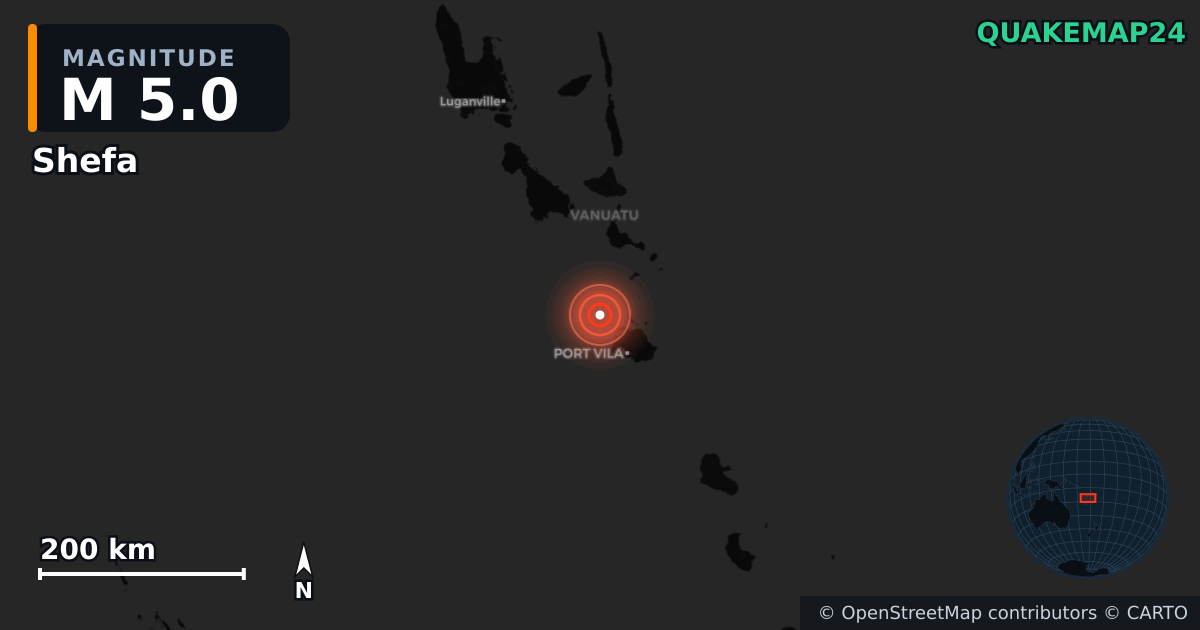M5.0 earthquake near Shefa on Jun 30, 2025 — map of epicenter and shaking intensity | QuakeMap24