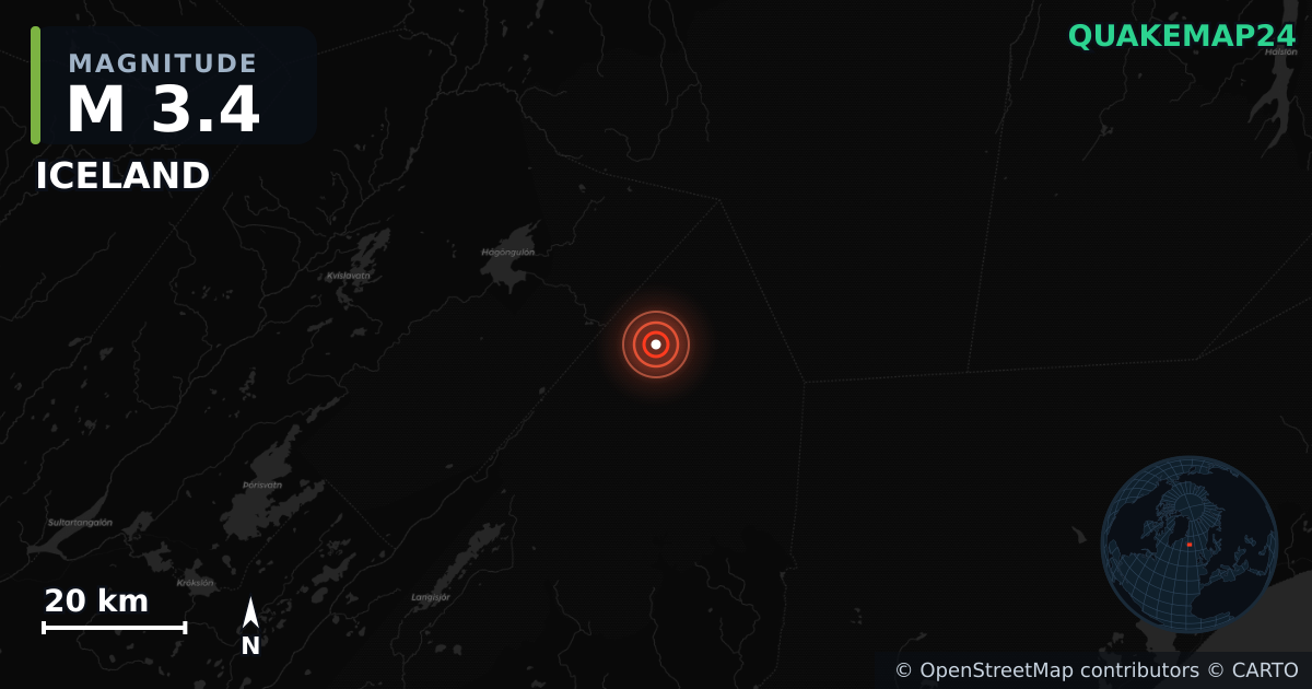 M3.4 earthquake near ICELAND on Dec 6, 2025 — map of epicenter and shaking intensity | QuakeMap24