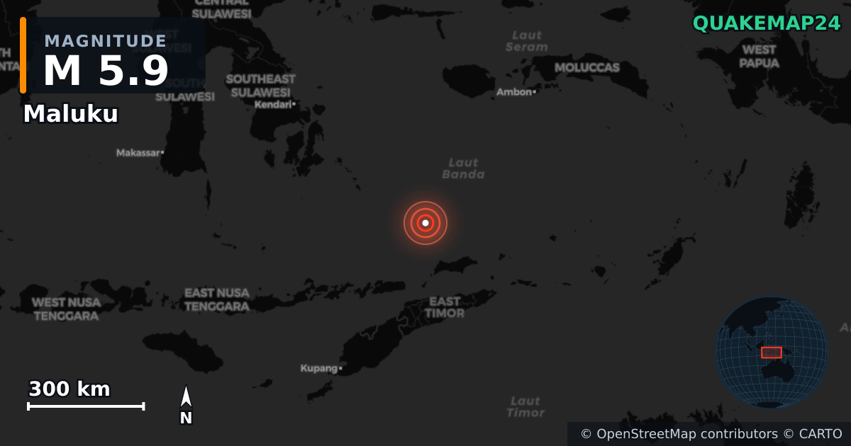 M5.9 earthquake near Maluku on Jun 27, 2026 — map of epicenter and shaking intensity | QuakeMap24