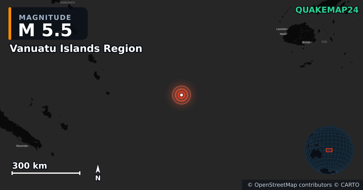Erdbeben M5,5 bei Vanuatu Islands Region — Karte der Lage des Epizentrums