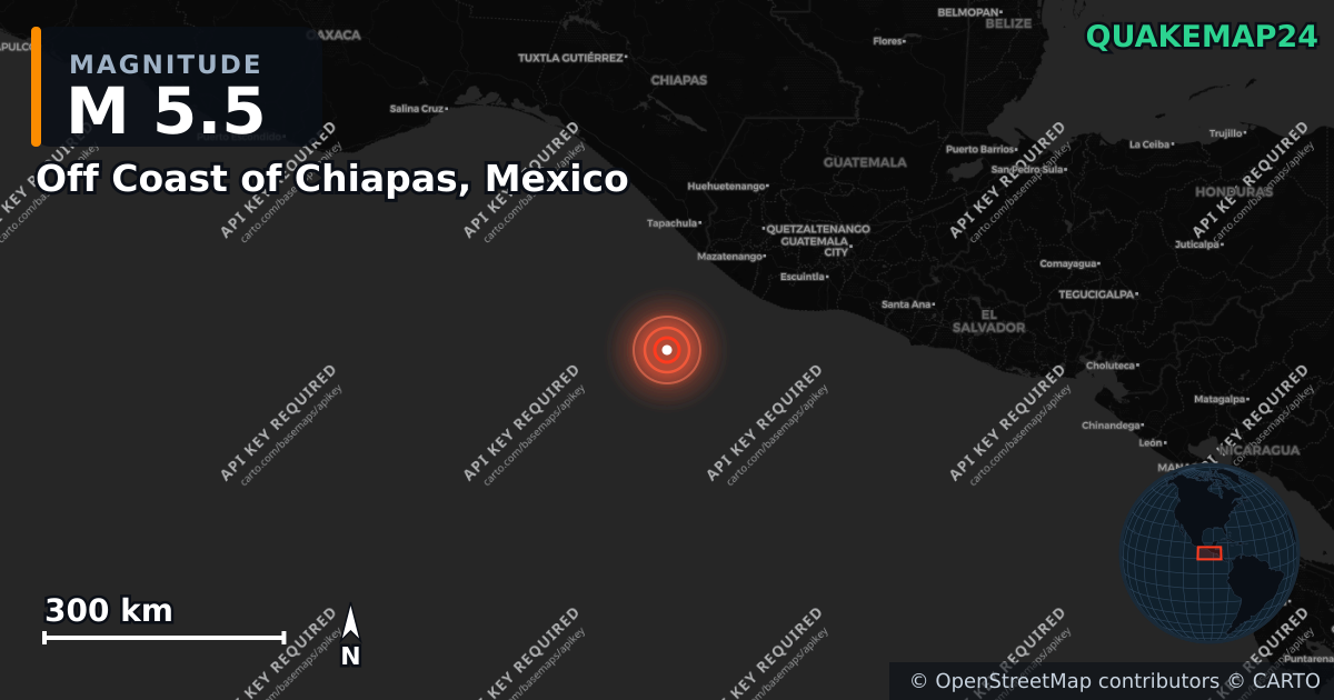 M5.5 earthquake near Off Coast of Chiapas, Mexico on Aug 9, 2025 — map of epicenter and shaking intensity | QuakeMap24