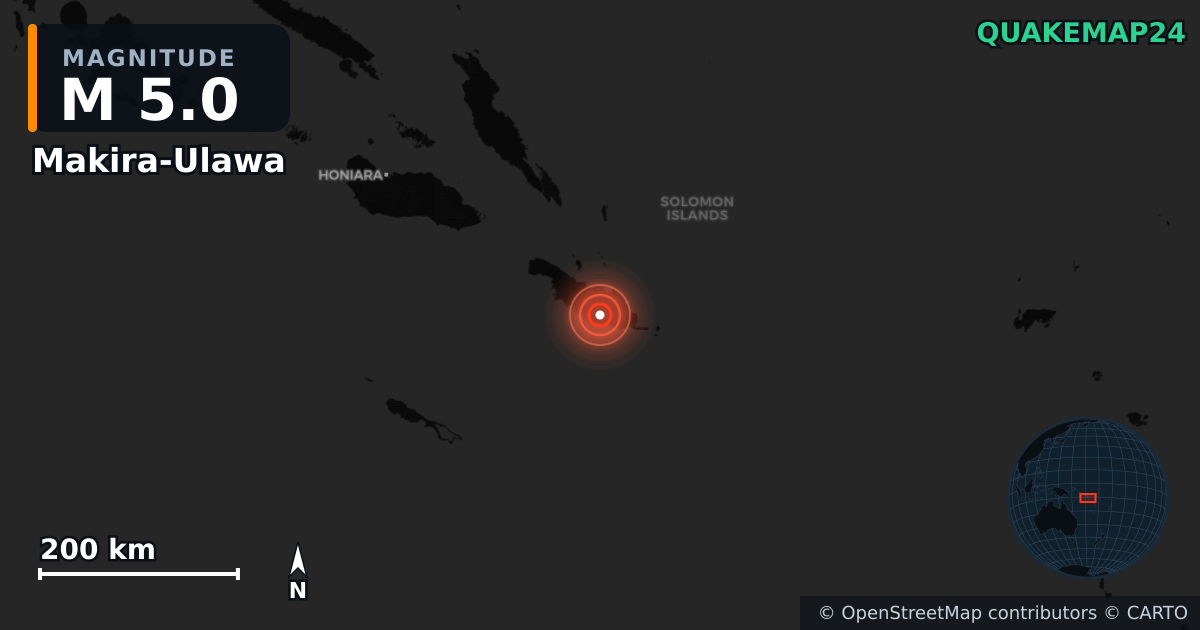 M5.0 earthquake near Makira-Ulawa on Apr 16, 2026 — map of epicenter and shaking intensity | QuakeMap24