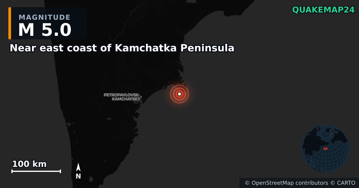M5.0 earthquake near Near east coast of Kamchatka Peninsula on Mar 20, 2026 — map of epicenter and shaking intensity | QuakeMap24