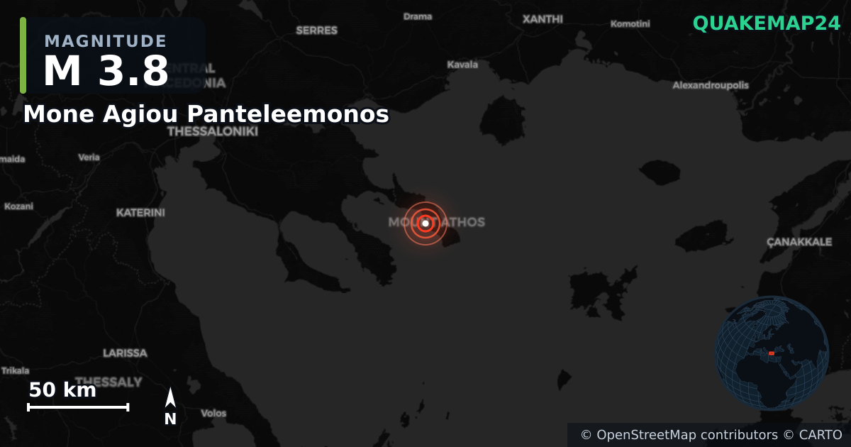 M3.8 earthquake near Mone Agiou Panteleemonos on Nov 13, 2025 — map of epicenter and shaking intensity | QuakeMap24