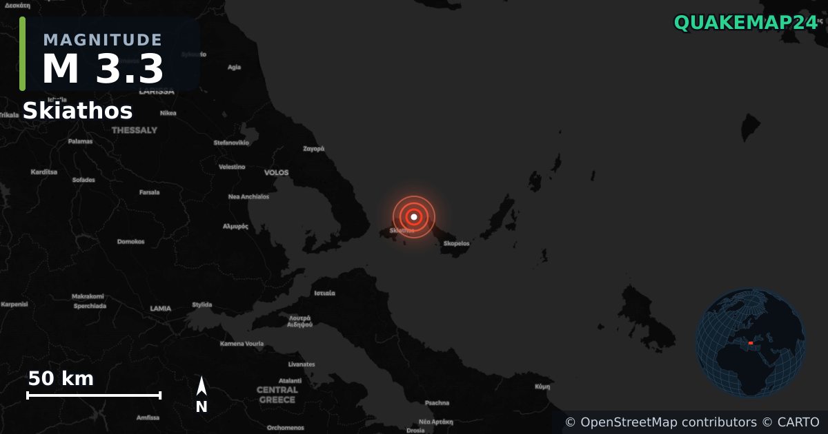 M3.3 earthquake near Skiathos on Mar 25, 2026 — map of epicenter and shaking intensity | QuakeMap24