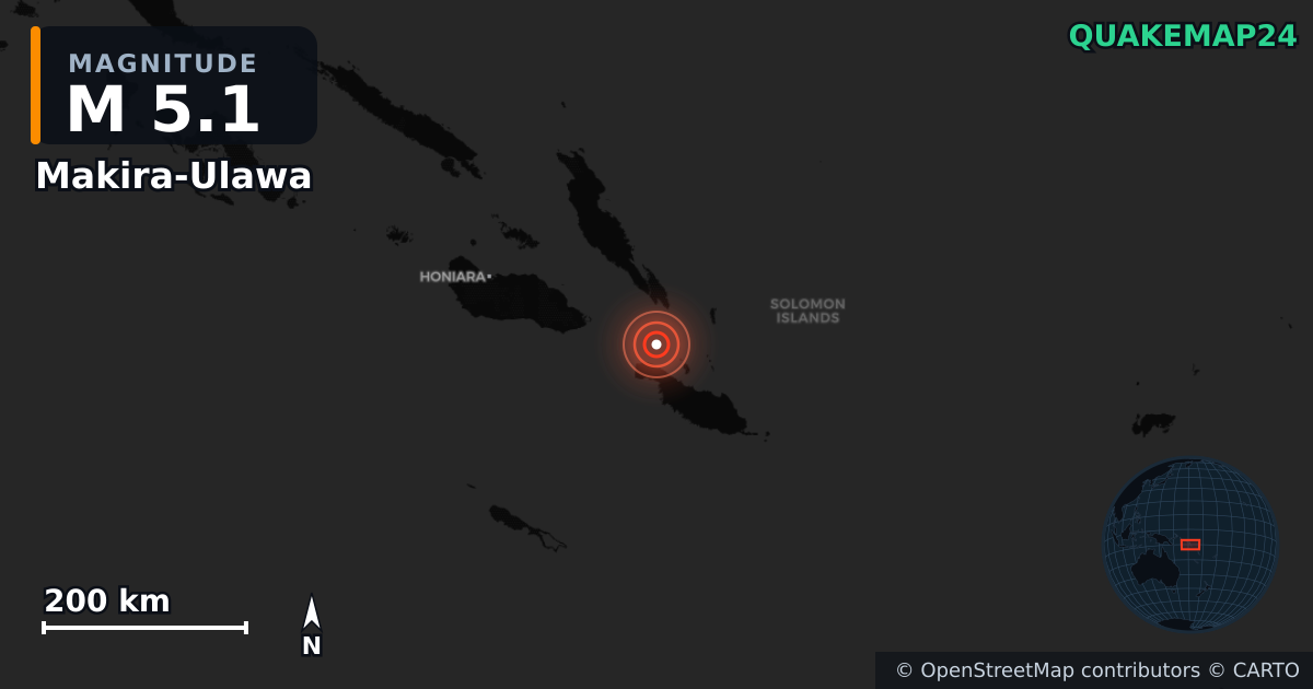 M5.1 earthquake near Makira-Ulawa on Jun 13, 2025 — map of epicenter and shaking intensity | QuakeMap24
