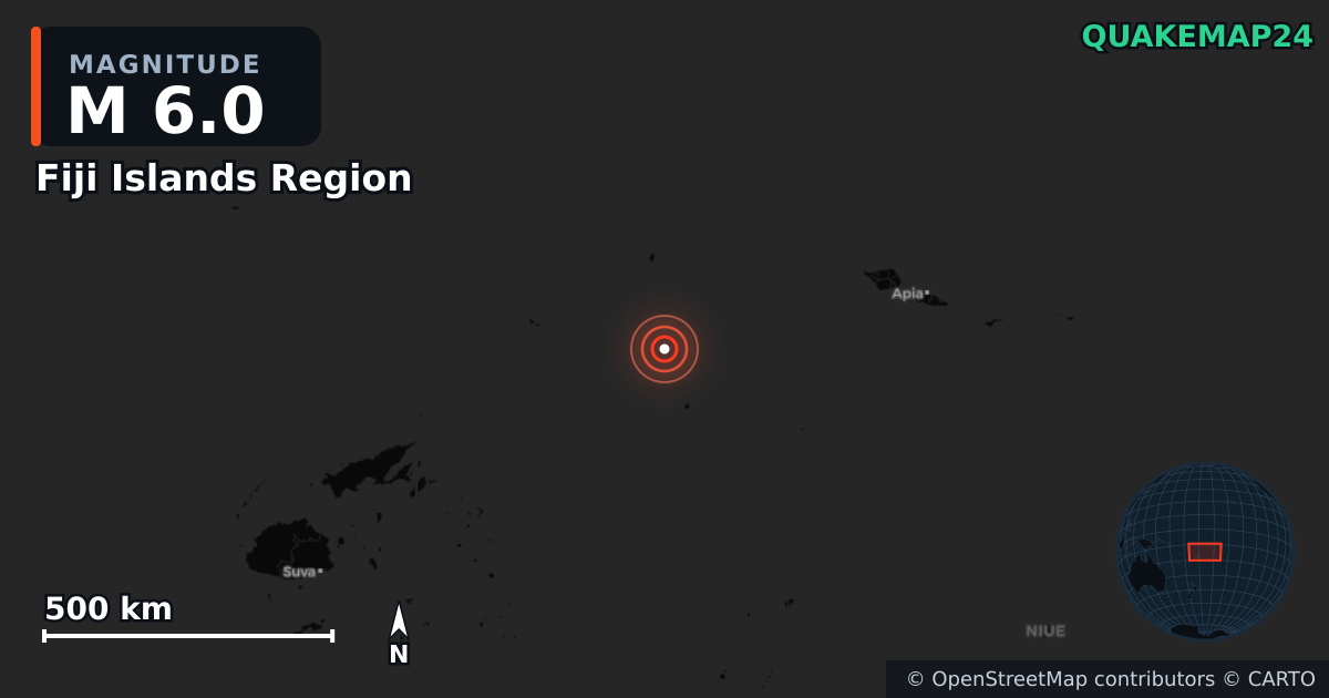 M6.0 earthquake near Fiji Islands Region on Jul 24, 2025 — map of epicenter and shaking intensity | QuakeMap24