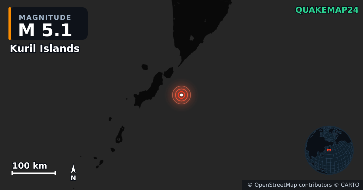 M5.1 earthquake near Kuril Islands on Feb 26, 2026 — map of epicenter and shaking intensity | QuakeMap24