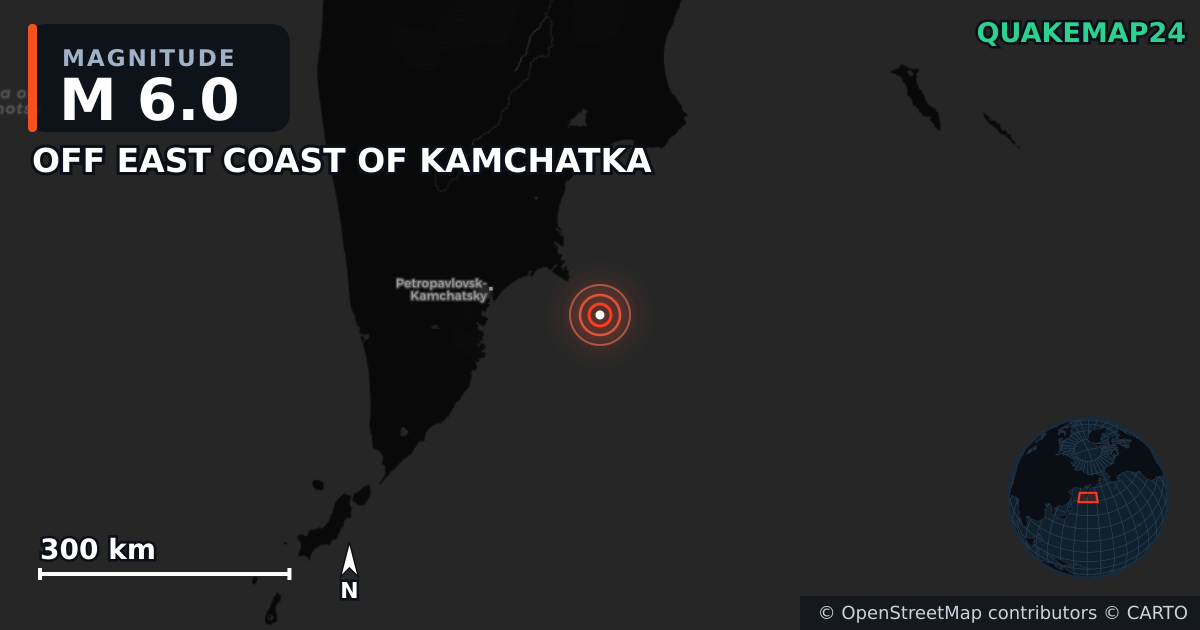 M6.0 earthquake near OFF EAST COAST OF KAMCHATKA on Sep 15, 2025 — map of epicenter and shaking intensity | QuakeMap24