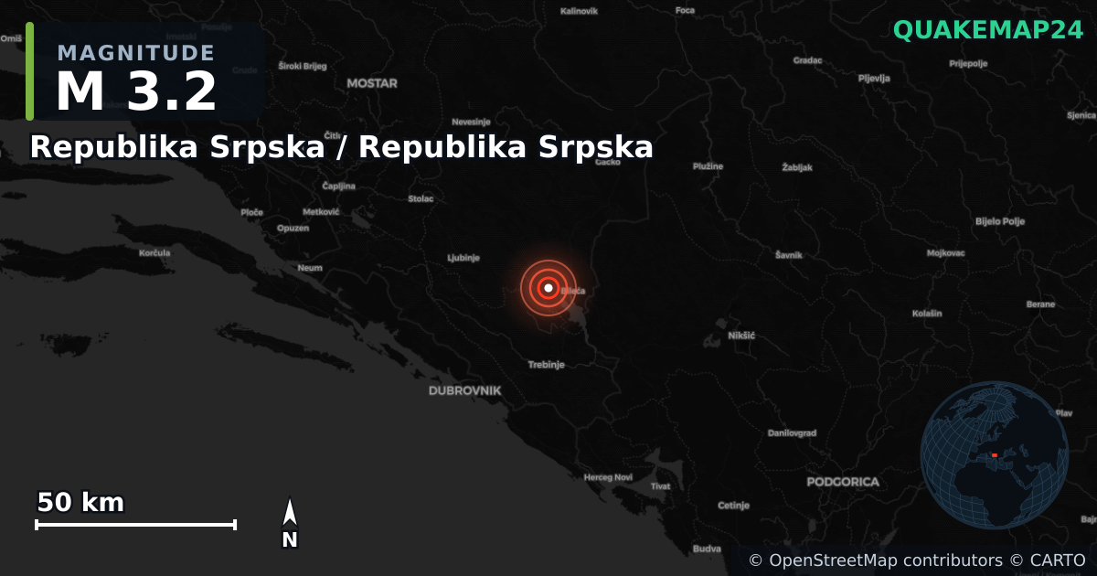 M3.2 earthquake near Republika Srpska / Republika Srpska on Jun 12, 2025 — map of epicenter and shaking intensity | QuakeMap24