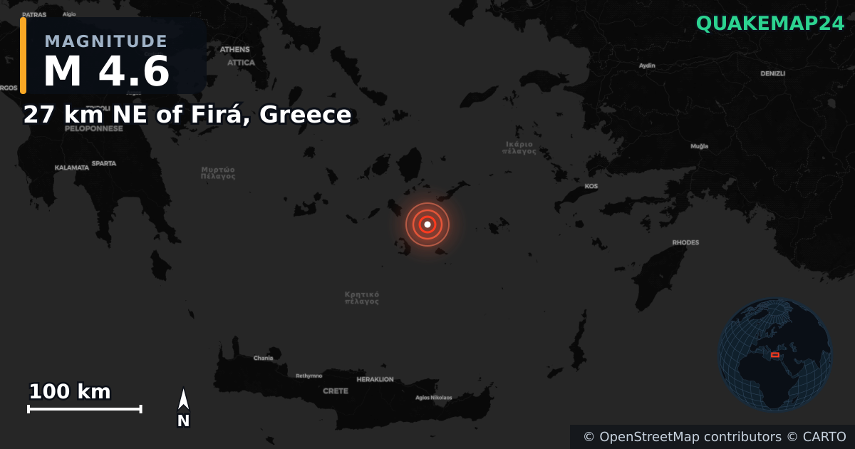 M4.6 earthquake near 27 km NE of Firá, Greece on Feb 4, 2025 — map of epicenter and shaking intensity | QuakeMap24