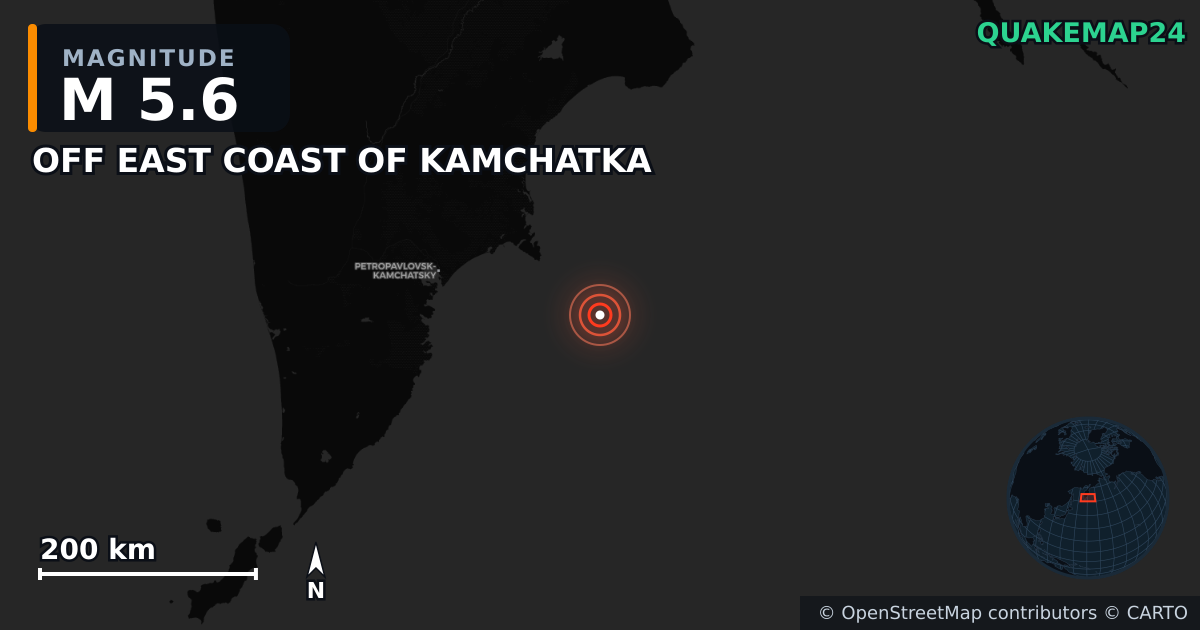 M5.6 earthquake near OFF EAST COAST OF KAMCHATKA on Jul 20, 2025 — map of epicenter and shaking intensity | QuakeMap24