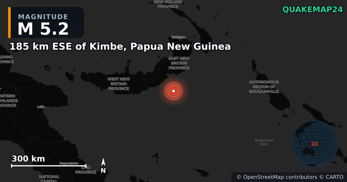 M5.2 earthquake near 185 km ESE of Kimbe, Papua New Guinea on Apr 4, 2025 — map of epicenter and shaking intensity | QuakeMap24