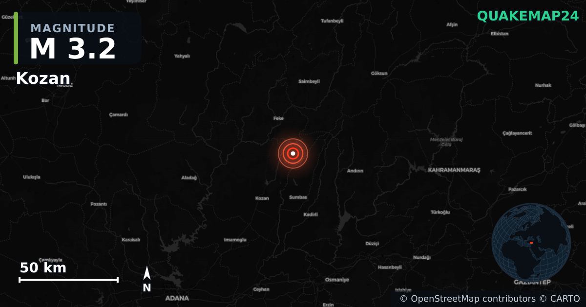 M3.2 earthquake near Kozan on Jun 9, 2025 — map of epicenter and shaking intensity | QuakeMap24