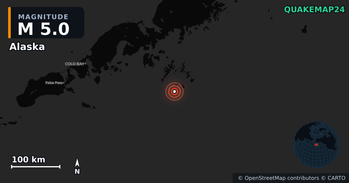 M5.0 earthquake near Alaska on Aug 26, 2025 — map of epicenter and shaking intensity | QuakeMap24