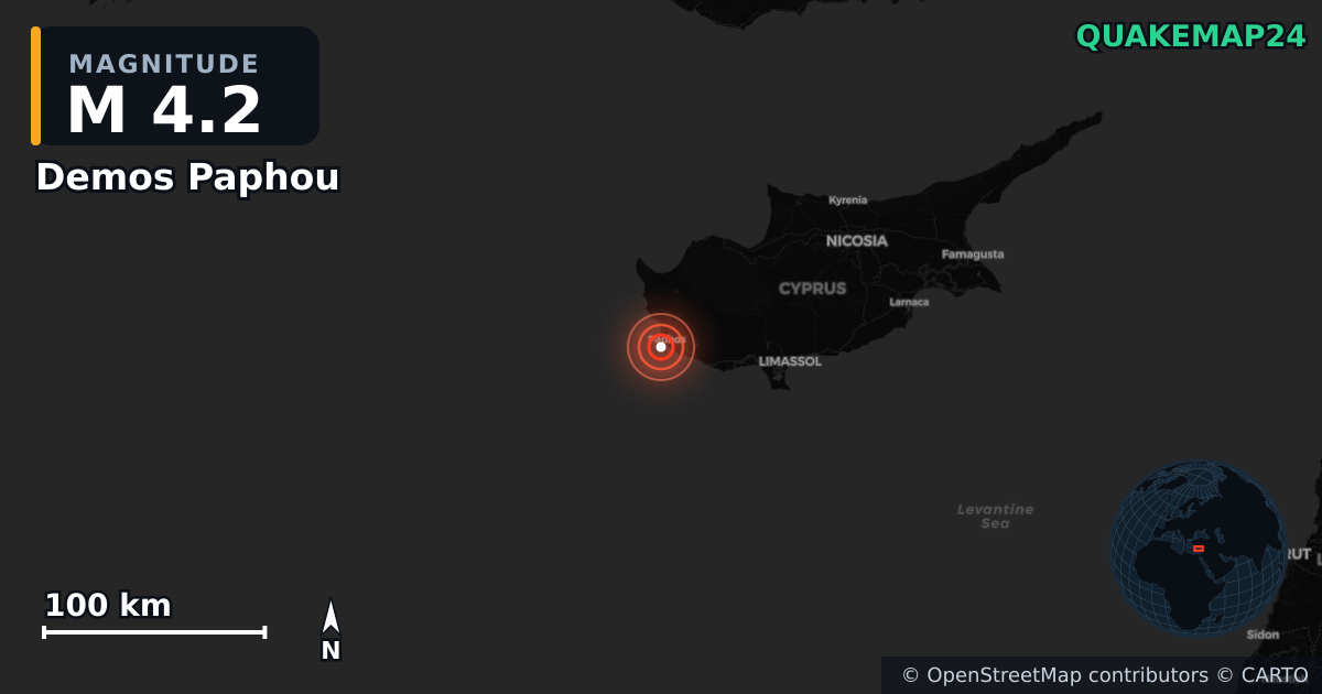 M4.2 earthquake near Demos Paphou on Dec 12, 2025 — map of epicenter and shaking intensity | QuakeMap24