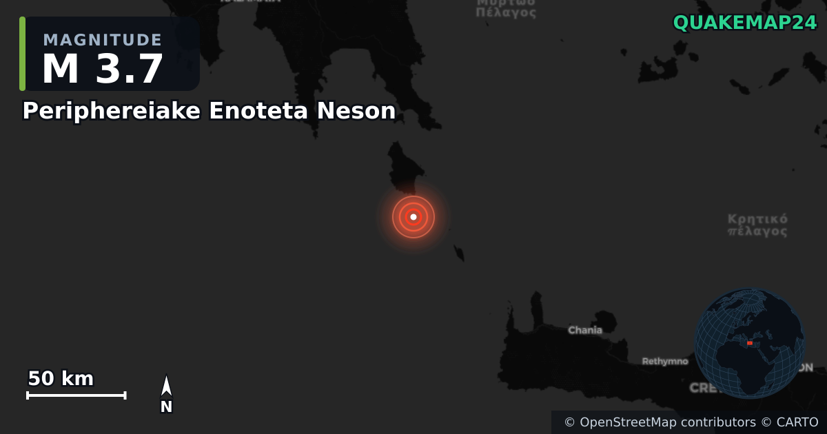 M3.7 earthquake near Periphereiake Enoteta Neson on Jun 13, 2026 — map of epicenter and shaking intensity | QuakeMap24