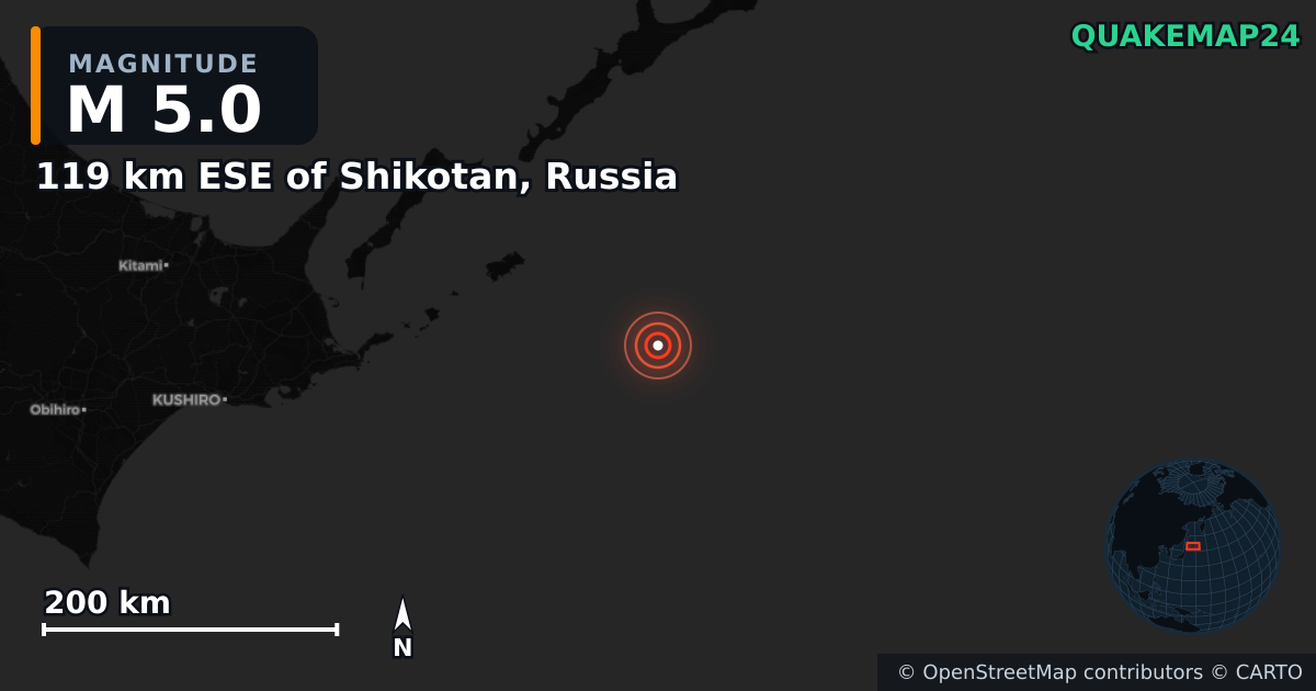 M5.0 earthquake near 119 km ESE of Shikotan, Russia on Dec 21, 2025 — map of epicenter and shaking intensity | QuakeMap24