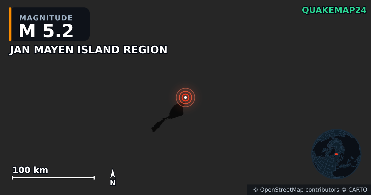 M5.2 earthquake near JAN MAYEN ISLAND REGION on Oct 5, 2025 — map of epicenter and shaking intensity | QuakeMap24