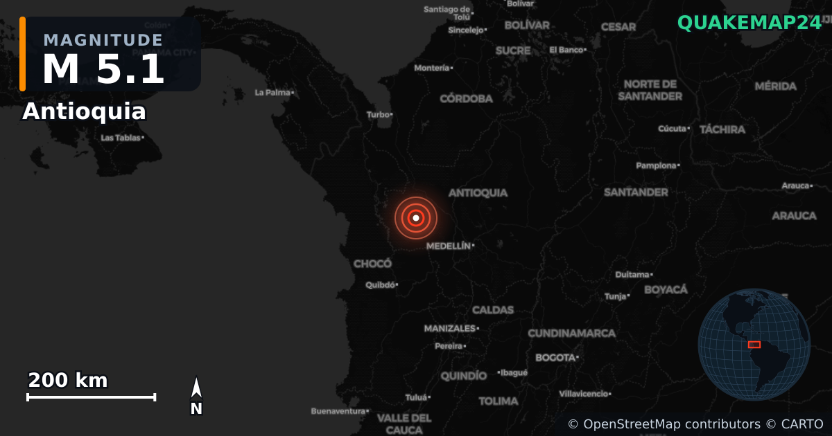 M5.1 earthquake near Antioquia on Sep 21, 2025 — map of epicenter and shaking intensity | QuakeMap24