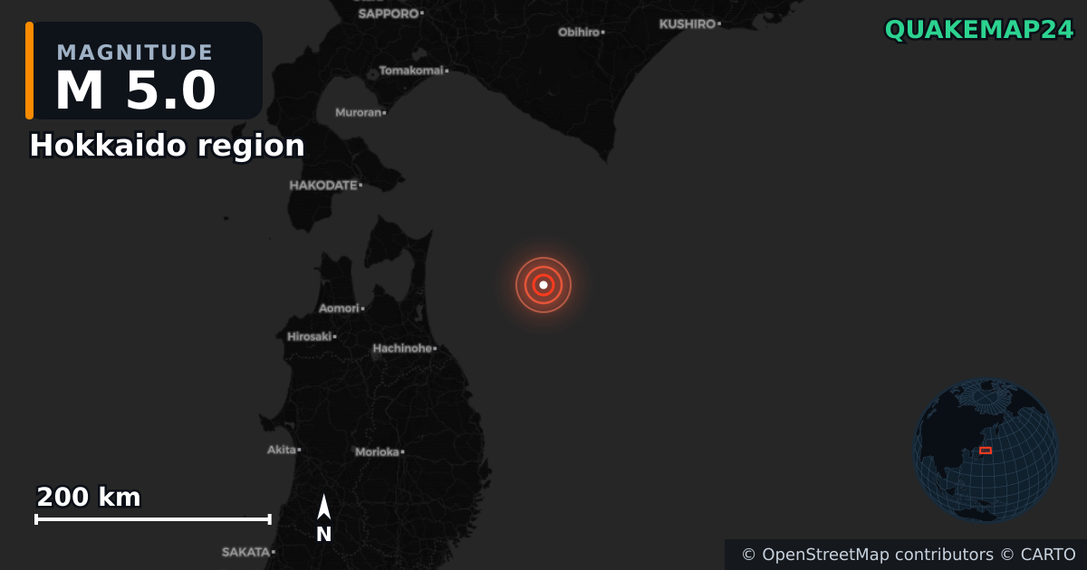 M5.0 earthquake near Hokkaido region on Nov 18, 2025 — map of epicenter and shaking intensity | QuakeMap24