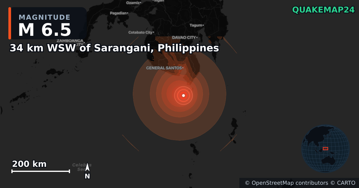 M6.5 earthquake near 34 km WSW of Sarangani, Philippines on Jun 26, 2026 — map of epicenter and shaking intensity | QuakeMap24