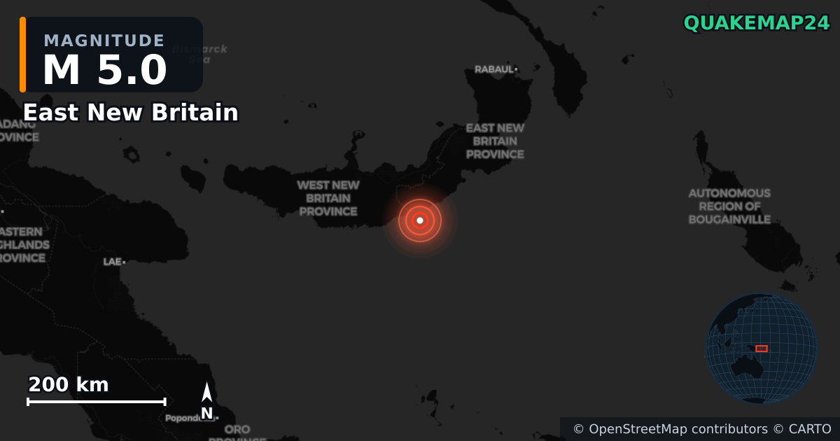 M5.0 earthquake near East New Britain on Jul 8, 2026 — map of epicenter and shaking intensity | QuakeMap24