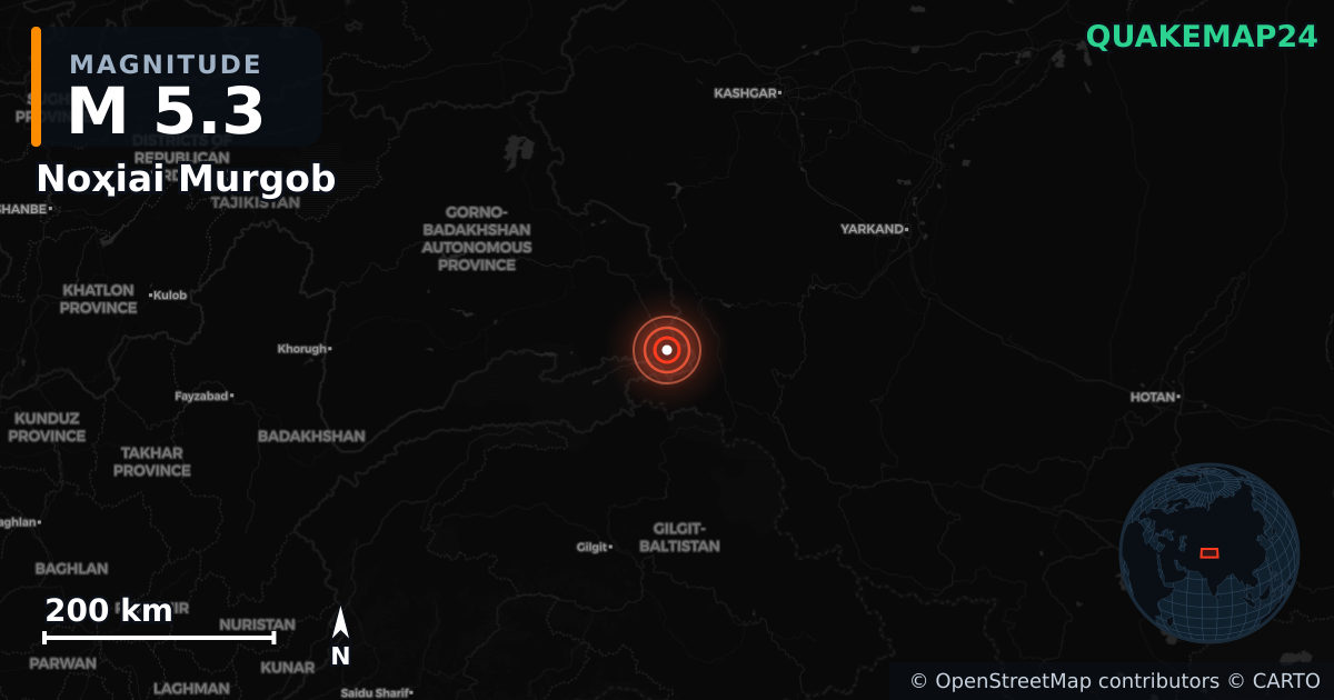 M5.3 earthquake near Noҳiai Murgob on Jan 8, 2026 — map of epicenter and shaking intensity | QuakeMap24
