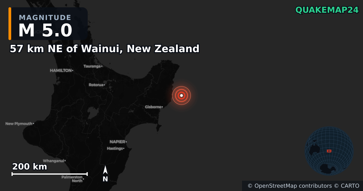 M5.0 earthquake near 57 km NE of Wainui, New Zealand on Jul 25, 2025 — map of epicenter and shaking intensity | QuakeMap24