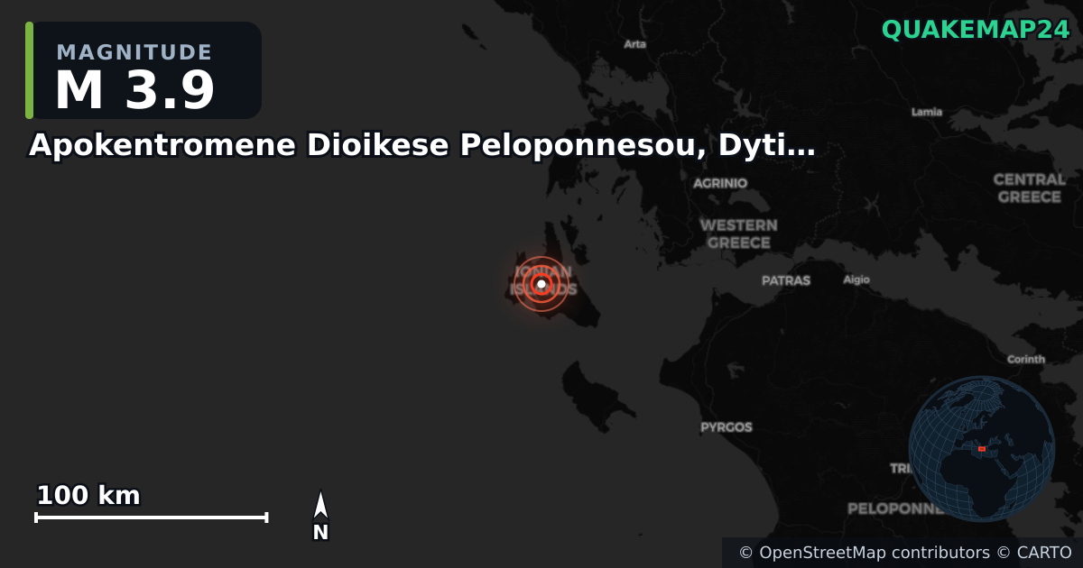 M3.9 earthquake near Apokentromene Dioikese Peloponnesou, Dytikes Elladas kai Ioniou on Jul 12, 2025 — map of epicenter and shaking intensity | QuakeMap24