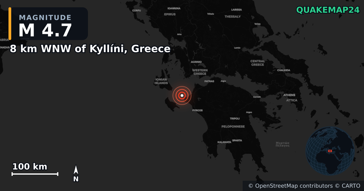 Erdbeben M4,7 bei 8 km WNW of Kyllíni, Greece · 2025-02-18 — Karte der Lage des Epizentrums