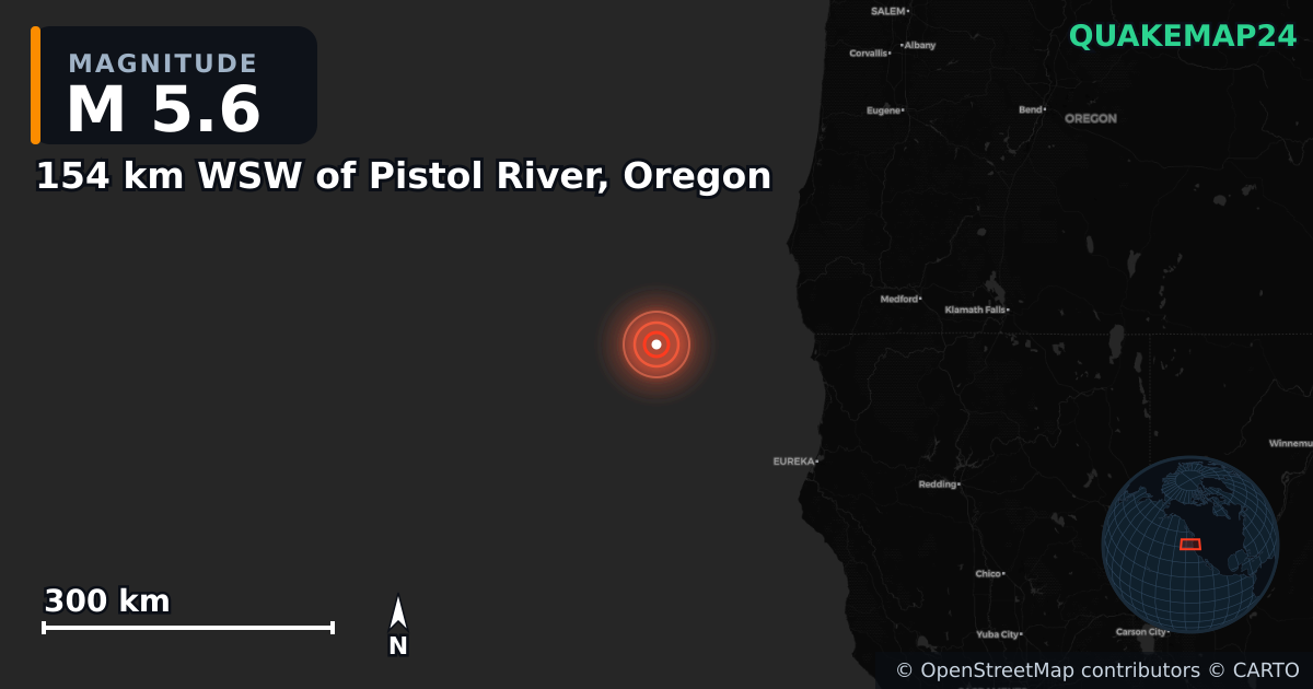 M5.6 earthquake near 154 km WSW of Pistol River, Oregon on Jun 3, 2026 — map of epicenter and shaking intensity | QuakeMap24