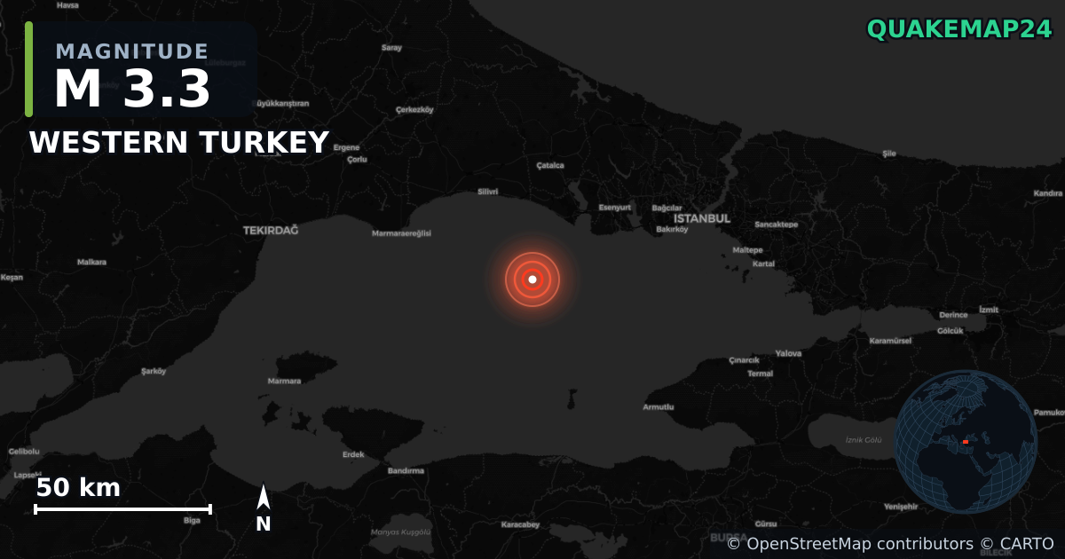 M3.3 earthquake near WESTERN TURKEY on Apr 23, 2025 — map of epicenter and shaking intensity | QuakeMap24
