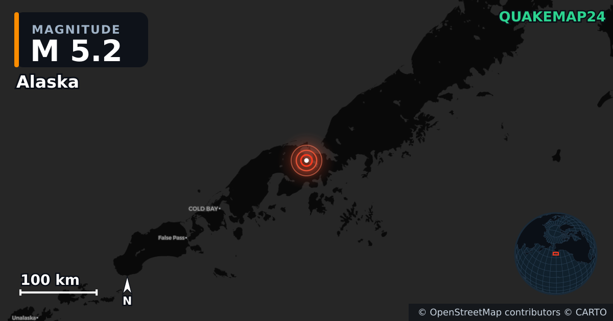 M5.2 earthquake near Alaska on Dec 7, 2025 — map of epicenter and shaking intensity | QuakeMap24