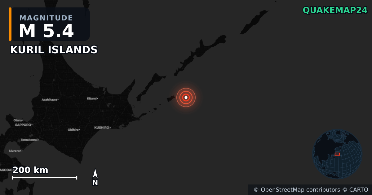 M5.4 earthquake near KURIL ISLANDS on May 29, 2025 — map of epicenter and shaking intensity | QuakeMap24