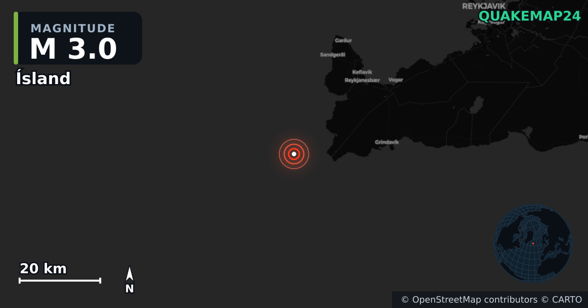 M3.0 earthquake near Ísland on May 24, 2026 — map of epicenter and shaking intensity | QuakeMap24