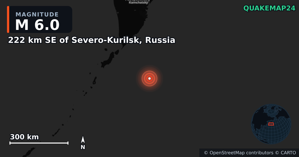 M6.0 earthquake near 222 km SE of Severo-Kurilsk, Russia on Jul 30, 2025 — map of epicenter and shaking intensity | QuakeMap24